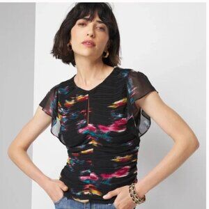 NWT White House Black Market Multicolor Ruched Flutter Sleeve Blouse - Size 8